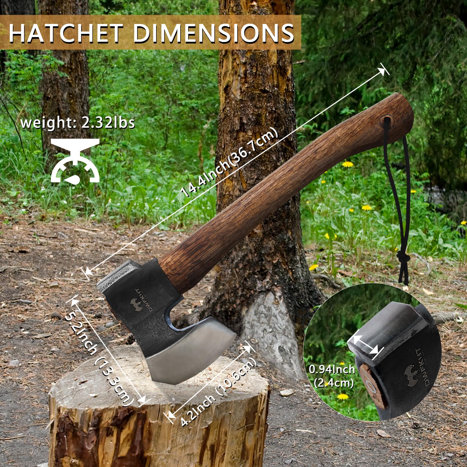 14.4" Hatchet, Camping Axe, Survival Axe with Sheath, Bushcraft Hatchet with 1065 Carbon Steel and