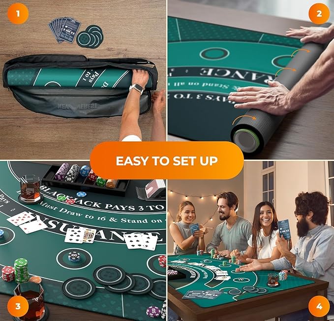 Newverest Blackjack Mat 70" x 35", Blackjack Table Top for Home Game Nights with Friends | Black Jack Casino Table Topper, Poker Mat Layout in Zipper Storage Bag with 8 Coasters in Gift-Ready Box