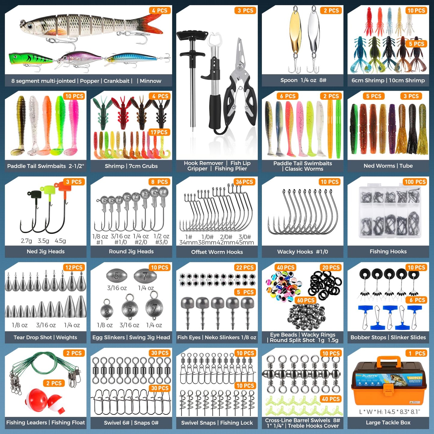 PLUSINNO Fishing Tackle Kit, Large 12X Spacious 4-Layer Tackle Box, 547 Pcs