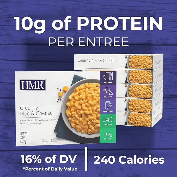 HMR Creamy Mac and Cheese Entrée | Pre-packaged Lunch or Dinner to Support Weight Loss | Ready to Eat | Vegetarian | 10g of Protein | Low Calorie Food | 8oz Serving per Meal | Pack of 6