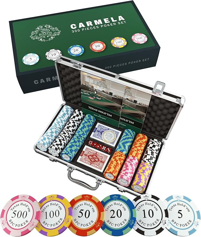 Bullets Poker Set with Designer Case Carmela ??Deluxe Set, Chips and Cards, Rules Manual, Dealer Button and Bullets Plastic Playing Cards ??Comes with a Case, 300 Clay Poker Chips.