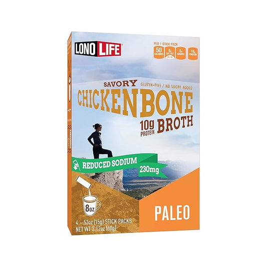 LonoLife Low Sodium Chicken Bone Broth Powder Mix | 10g Protein | Collagen-Rich, Keto & Paleo Friendly | Natural Ingredients | 4 Portable Stick Pack Servings