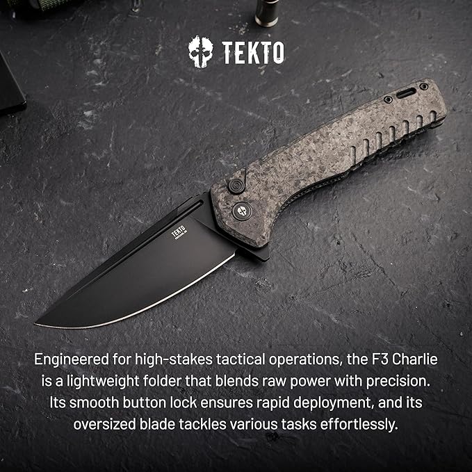 F3 Charlie Button Lock Folding Knife, Oversized Fine Edge Blade, Tactical Forged Carbon G10 Handle - Easy Open Pocket Knife with Titanium Coated D2 Steel & Black Titanium Barrel Spacers