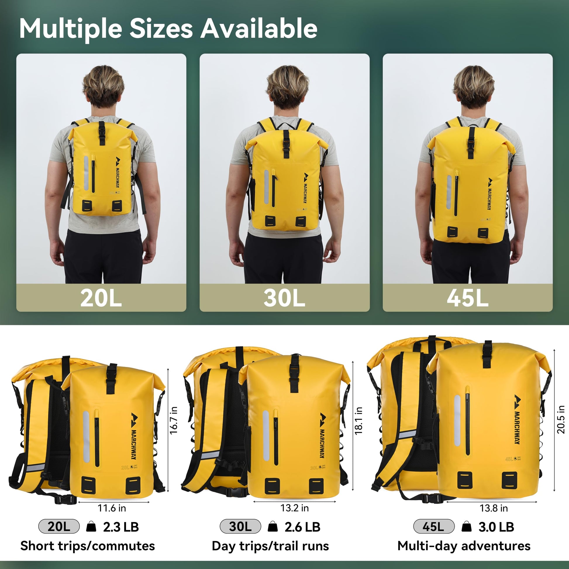 MARCHWAY Roll Top Waterproof Backpack, Floating Dry Bag 20L/30L/45L with Ergonomic Rectangular