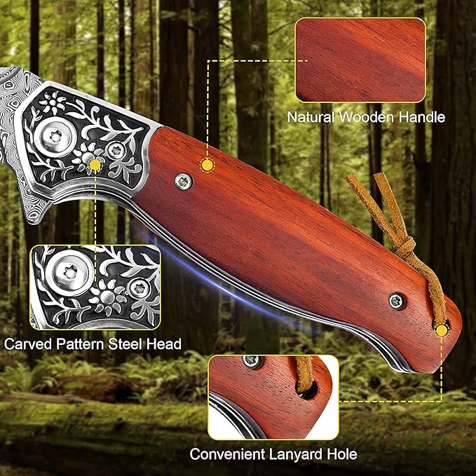 KOMWERO Damascus Pocket Knife, VG10 Damascus Steel Folding Knife with Wood Handle, Leather Sheath, Liner Lock, EDC Knife for Outdoor Survival Hunting Collection