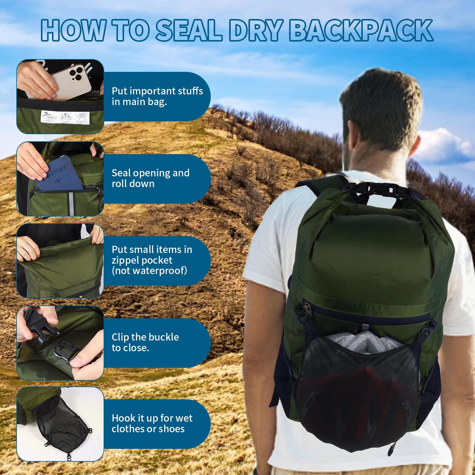 Sunnylon Dry Bag Backpack,20L Dry bags Waterproof Kayaking with Waist Pouch and Phone