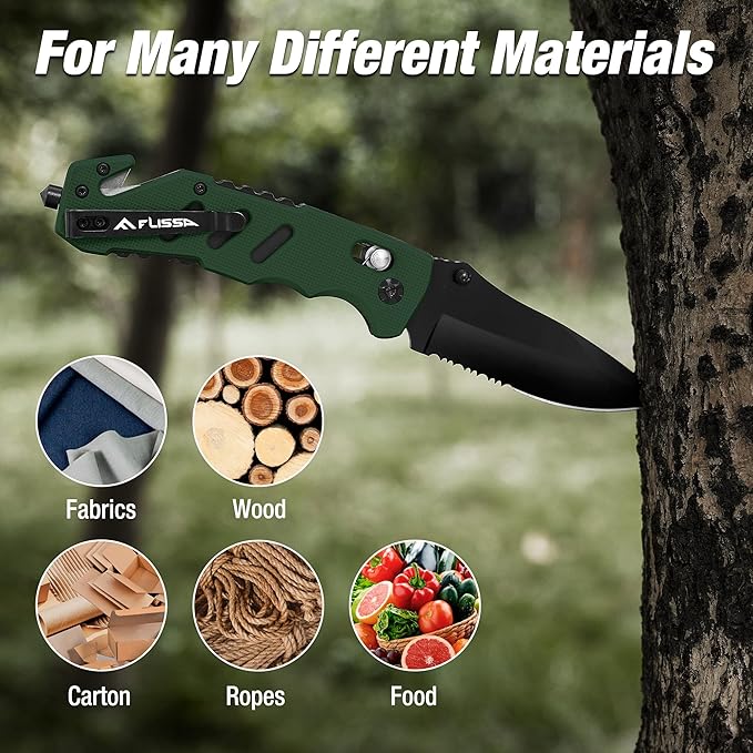FLISSA Folding Pocket Knife with Clip, Glass Breaker and Seatbelt Cutter, Survival Knife for Emergency Rescue Situations, EDC Knife for Tactical, Hunting, Camping, Outdoor, Unique Gifts for Dad, Father-Green