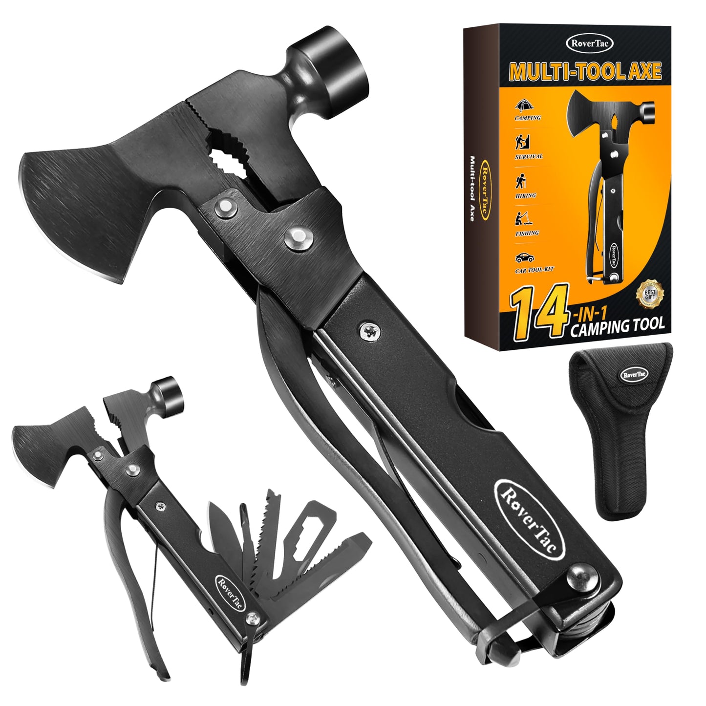 RoverTac 14-in-1 Multitool Camping Axe – Multi Tool with Knife, Hammer, Saw, Screwdrivers, Bottle