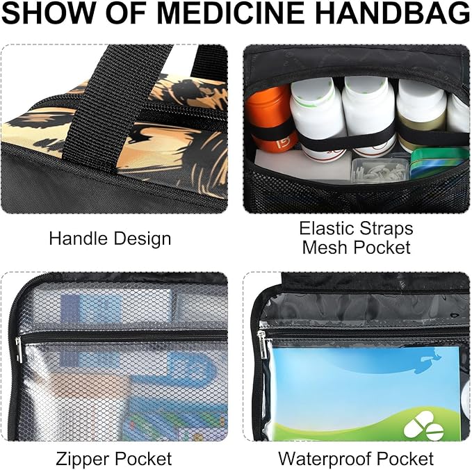 Fustylead Brown Bow Tie with Leopard Skin Travel Medicine Storage Bag Large Household Pill Bottle Organizer with Zipper for First Aid, Pills, Vitamins, Medical Supplies