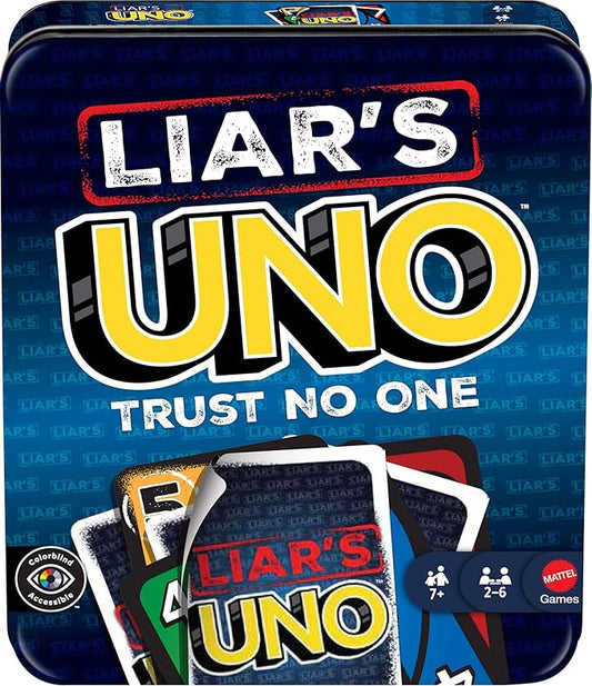Mattel Games Liar?™s UNO Card Game in Travel & Storage Tin for Adults, Kids, Families, Parties & Game Nights, Outwit Other Players with Bluffing & Trickery (Amazon Exclusive)