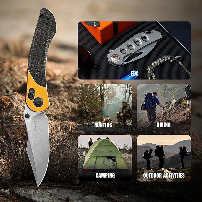 Kizer Mini Mystic Pocket Knife, 3.2" Nitro-V Blade EDC Knife with Black Burlap Micarta and Yellow Aluminum Handle, Small Hunting Camping Survival Knives with Clutch Lock & Thumb Stud Opener, V3636A2