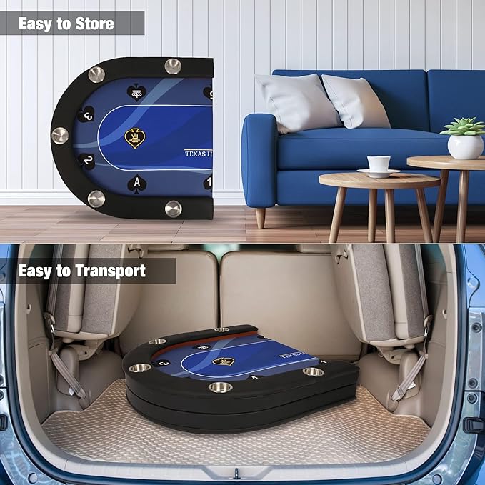 LUCKYERMORE Upgraded 10 Players Poker Table with Stainless Steel Cup Holder, 84”Folding Casino-Style Texas Game Poker Tables with Padded Rails, Blue Felt Surface, Fully Assemble