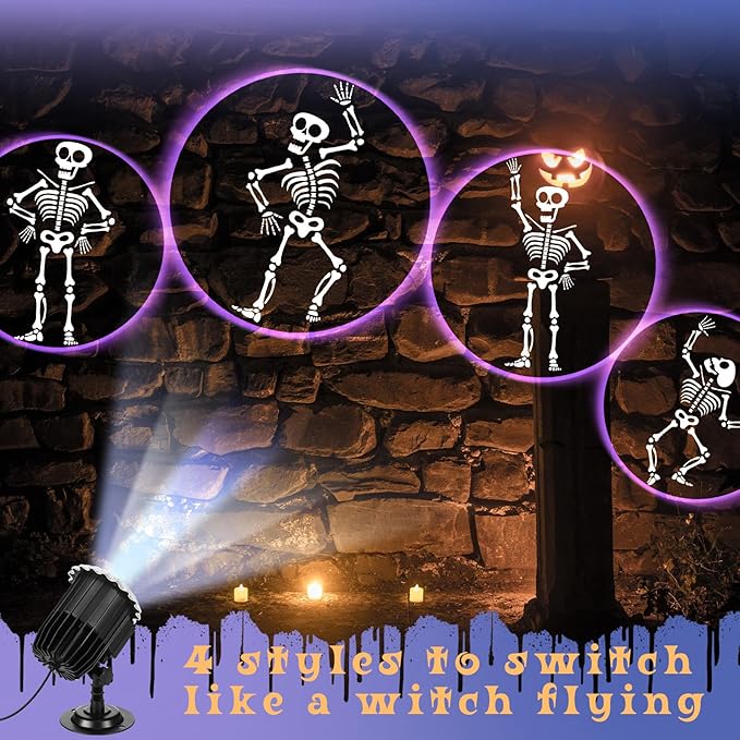 Halloween Projector Light with 1 Film Slides Holiday LED Projector Lights Outdoor Reflectors Waterproof Landscape Decorative Rotation Lighting Movement Projection Lamp(Dance Skeleton)