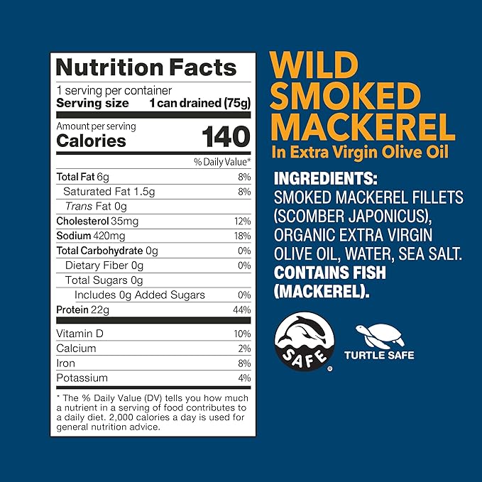 Wild Planet Wild Smoked Mackerel Fillets in Extra Virgin Olive Oil, Tinned Fish, Canned Salmon, Sustainably Wild-Caught, Non-GMO, Keto and Paleo, 3.9 oz, pack of 12