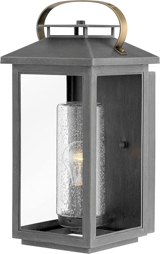 Hinkley Atwater Single Light Medium Wall Mount Outdoor Lantern - Composite Material, Clear Seedy Glass, Anti-Fading - Ash Bronze Finish with Brass Accents