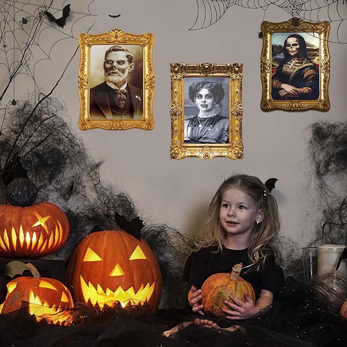 ECGER Halloween Decorations Indoor, Haunted Scary Decor - 3D Changing Face Pictures, Vintage Moving Wall Portraits Frame, For Horror Spooky Party Mansion Castle House Home Decoration(8 Pieces)