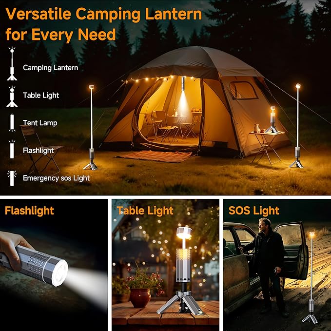 Rechargeable 21000mAh Camping Light, Telescopic Camping Lights, Collapsible Magnetic Camping Lantern with Stand IPX6 Waterproof Flashlights, Camping Lamp for Emergency, Hiking