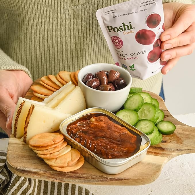 Poshi Marinated Kalamata Style Pitted Olives | Chili & Garlic | Vegan, Kosher, Gluten Free + Keto Friendly, Fresh, All Natural Low Calorie Healthy Snacks | (30 Pack, 1.1oz Bags)