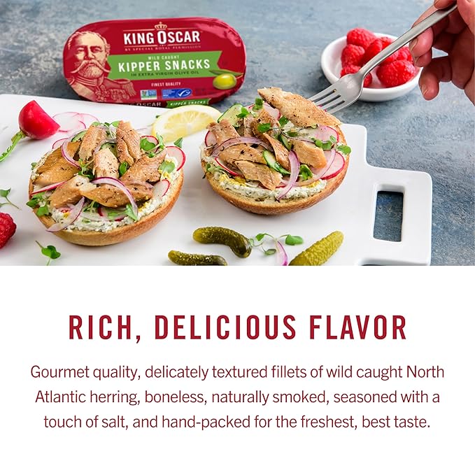 King Oscar Kipper Snacks in Extra Virgin Olive Oil, 3.54 Ounce Cans (Pack of 12), Lightly Smoked Herring Fillets, Wild Caught Canned Herring