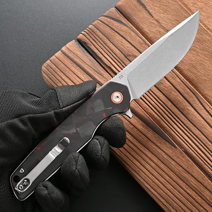 FF19 Folding Pocket Knife，D2 Steel Blade Carbon Fiber Handle EDC Tool Knife for Outdoor Camping Hunting Fishing Working(Red)