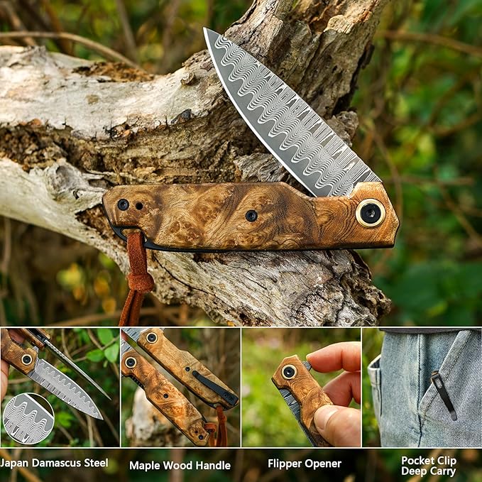 VNLA Damascus Folding Pocket Knife,Handmade knife,Forged Damascus Steel Blade,handle made of maple Wood leaf.with Reversible Pocket Clip,Suitable for Hiking carry EDC