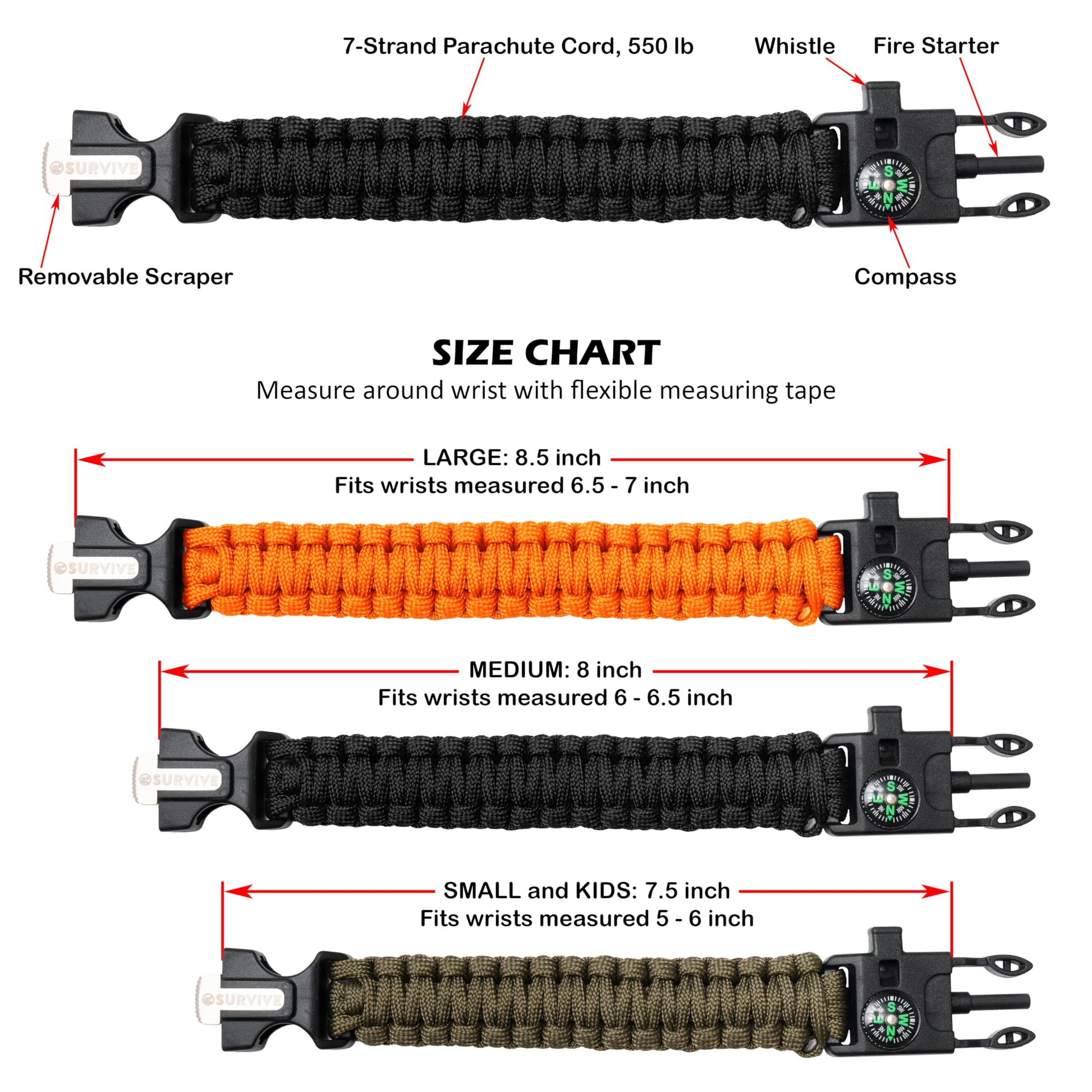 SURVIVE Paracord Bracelet, Pack of 2, Small, 8.5 ft Continuous Strand