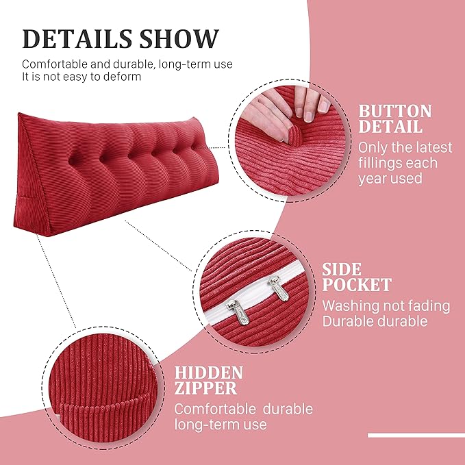 13 lbs Thickened Wedge Pillow Headboard Body Positioner Triangular Reading Pillow Bed Bolster Pillow for Sitting in Bedwith Removable Cover Backrest Red California King