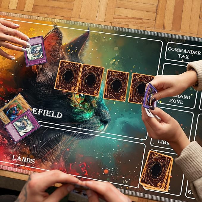 Playmat for MTG with Magic Zones, 24 x 14 inches Game Play Mat for MTG TCG, Trading Card Game Play Mat Desk Mats with Stitched Edges Non-Slip Base, Galaxy Cat