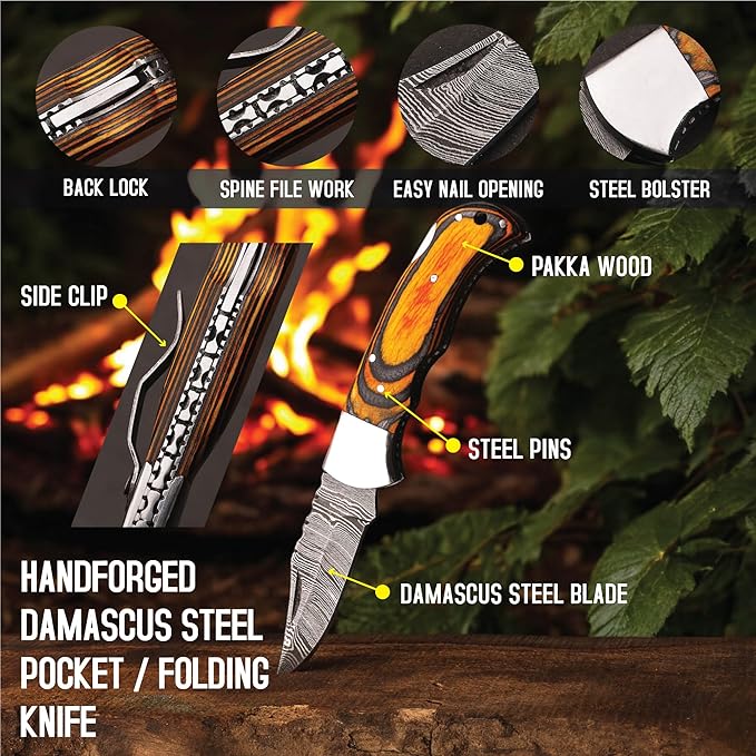 6.5 inch Damascus Pocket Knife with Sheath, Handmade Folding Pocket Knife for Men, Black-Red Wooden Handle with Brass Bolster, Secure Lock Back Camping Knife for EDC,Hunting,Hiking (Yellow)