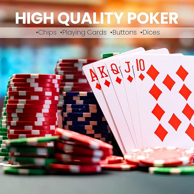 SereneLife Poker Chip Set for Texas Holdem, Blackjack Gambling- 11.5 Gram Casino Chips Set W/Aluminum Case, Playing Cards, Button, Dice- 200 PCS