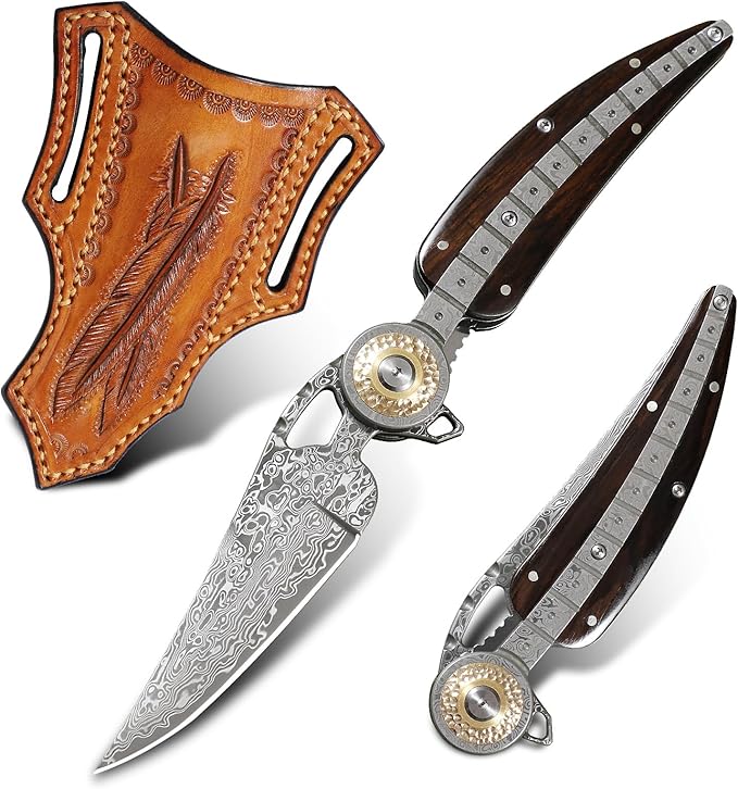Handmade Damascus Steel Folding Pocket Knife，Feather shape 3.4in Blade Men's Pocket Knife，With knife sheath，Ebony Handle，Home & Outdoor EDC knife