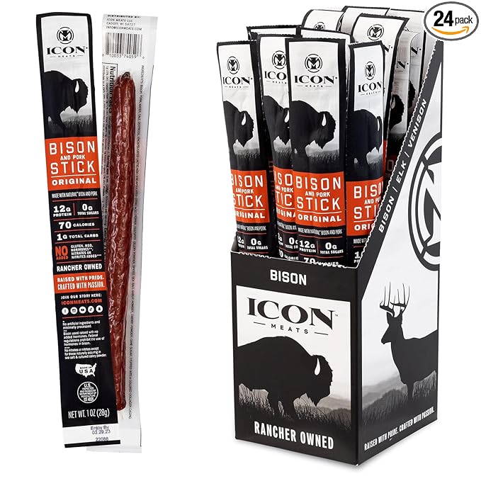 ICON Meats Bison and Pork Snack Sticks - Original Flavor - 24 Pack of Individually Wrapped Jerky Meat Sticks, USDA Approved, All Natural, Diet Friendly, High Protein, Low Calorie, Sugar Free
