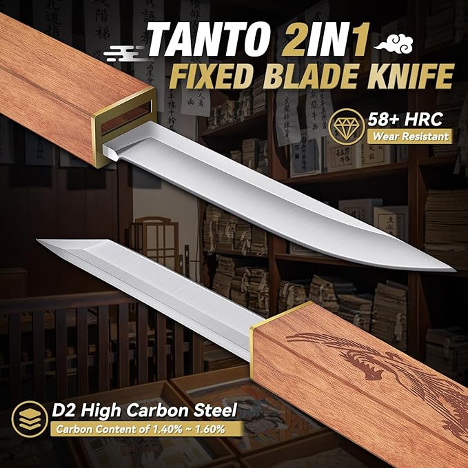 Purple Dragon Tanto Fixed Blade Knife, Katana Survival Bushcraft Knife, Full Tang Samurai Knives 2 in 1, Ideal for Camping, Fishing, Hiking, Hunting-Knives for Men, Gift for Father (Wood)
