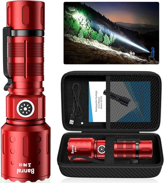 Flashlights High Lumens Rechargeable, Super Bright Long Range Small Powerful Flashlight, 6 Modes LED Tactical Pocket Waterproof Flash Light for Home Emergency (1, Red)
