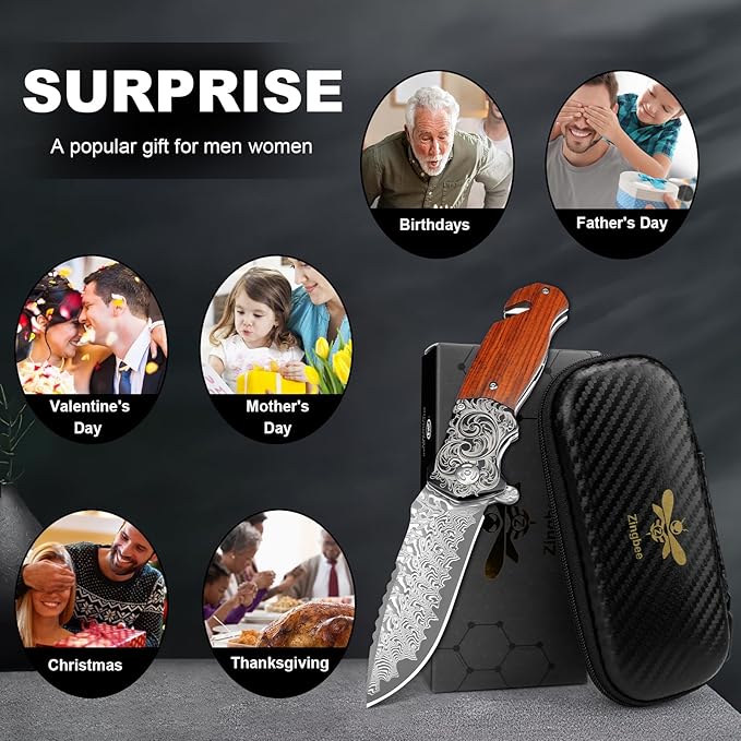 Pocket Knife with Glass Breaker, EDC Damascus Folding Knife with Seatbelt Cutter, 3.35" VG10 Damascus Steel Blade Multitool Pocket Knives with Wood Handle