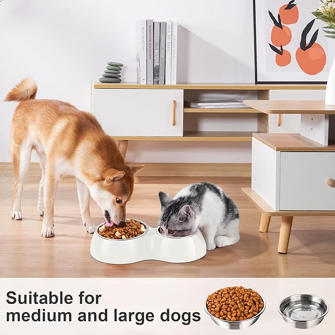 Double Dog Bowls Set ??Non-Slip Pet Food & Water Dishes with Resin Stand, Includes Small (1 Cup) & Medium (2 Cups) Bowls ??Ideal for Puppies, Cats, and Medium Dogs ??White