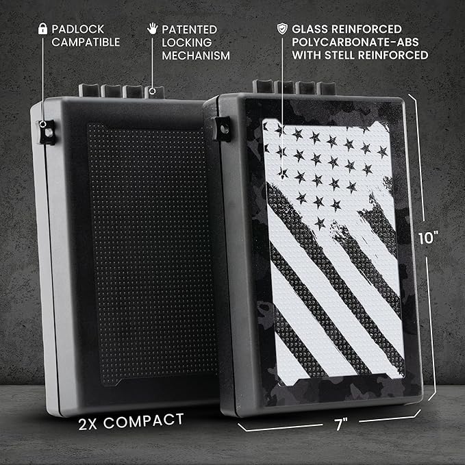 STOPBOX Gun Safe Alternative - Tactical Handgun Storage, Instant Access Portable Gun Case, TSA Compliant Gun Lock Box for Quick Handgun Access| FLAG CAMO + BLACK (2 Pack) | Compact Only