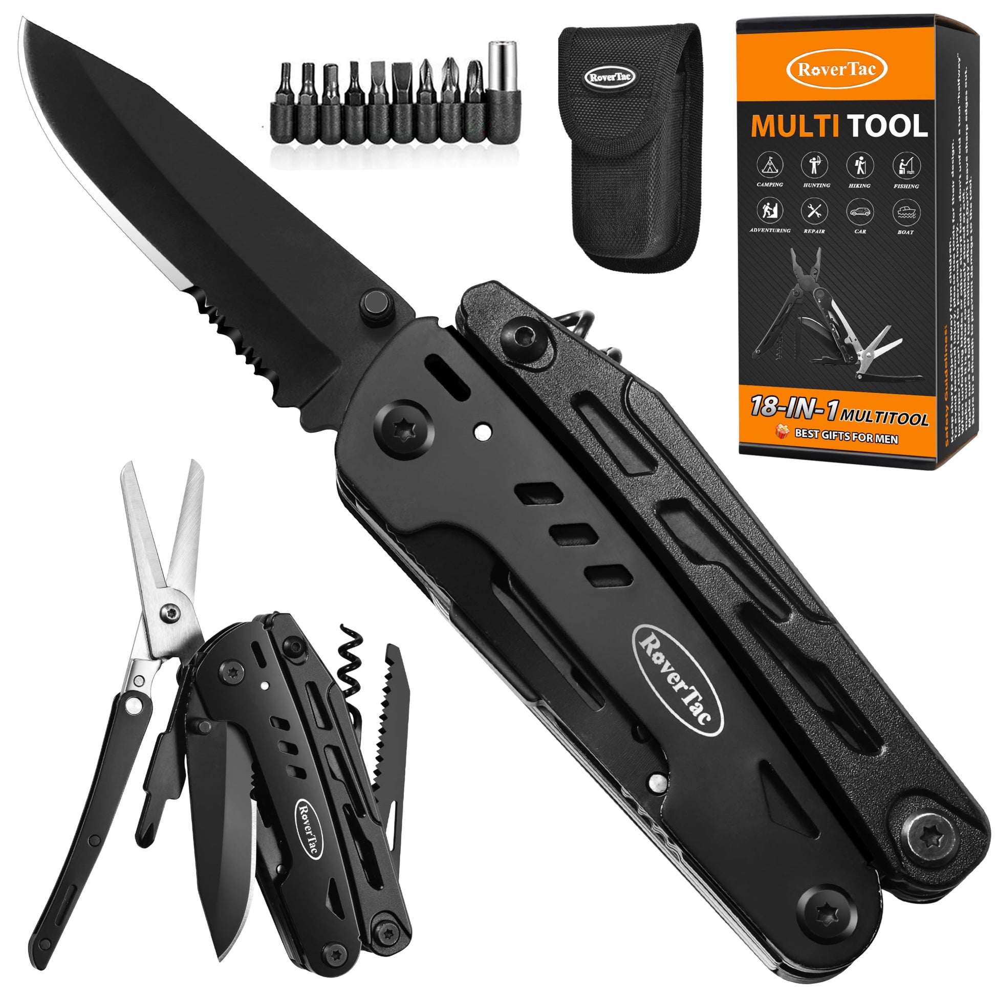 RoverTac 18-in-1 Multitool Pocket Knife with Pliers, Saw, Corkscrew & Detachable Scissors, Multi