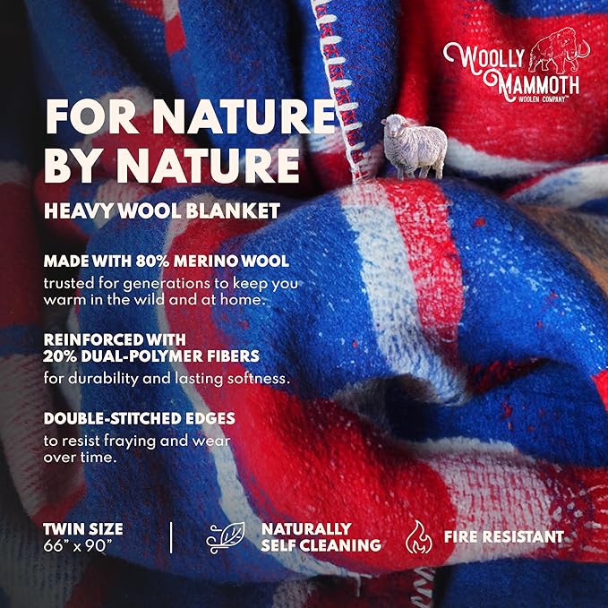 Woolly Mammoth Woolen Company Camping Blanket - 66 x 90 in, Red/White & Blue Plaid - Merino Heavyweight Wool Outdoor Throw Blanket - Backpacking Essential for Cold Weather Camping
