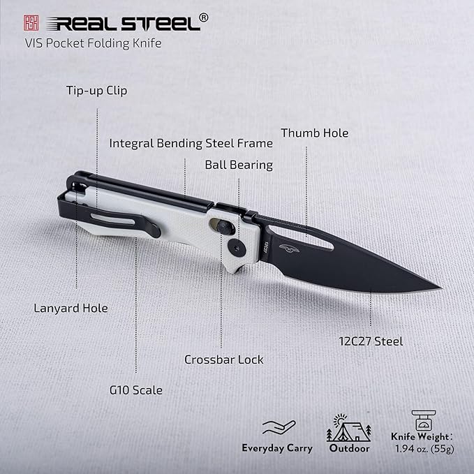 REALSTEEL VIS Pocket Knife, Folding Knife, Crossbar Lock, 2.72" Small 12C27 Steel PVD Black Blade, Thumb Hole, G10 Handle, 1.94oz, Pocket Clip, Versatile Outdoor Indoor EDC Knife, Gifts for Men Women Camping Hiking Fishing Climbing (White G10/Black)