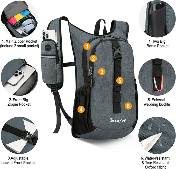 Seektop 15L Small Hiking Backpack for Women Men, Foldable Packable Backpack with Phone Pocket, Lightweight Travel Daypack for Hiking Camping Outdoor (Gray)