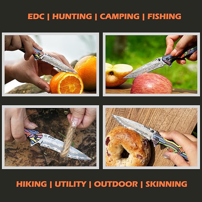 YOUSUNLONG Pocket Folding Camping Knife - CuMai Damascus Steel Blade - Multicolored G10 Handle Cover