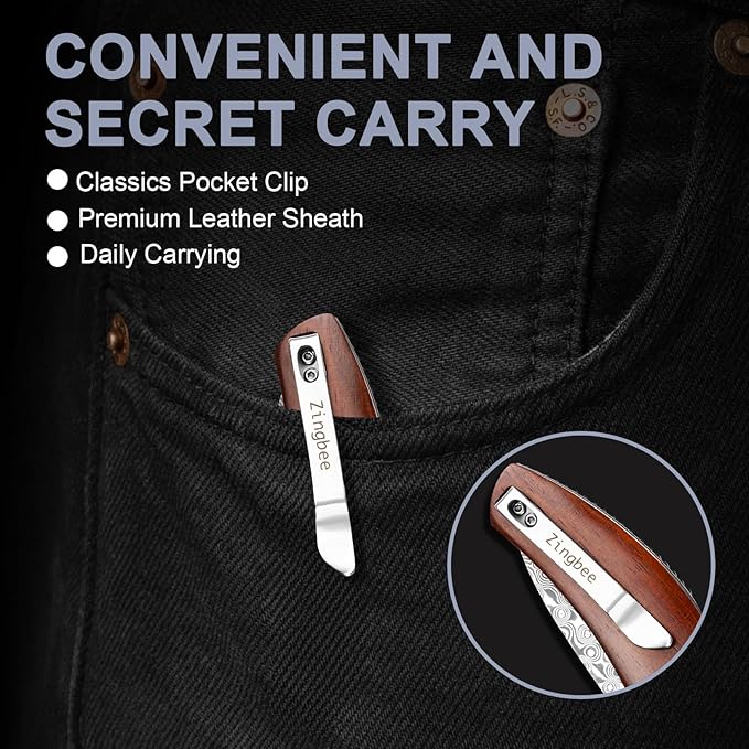 Damascus Pocket Knife with Sheath, 3.35" Damascus Steel Blade Knife with Wooden Handle, EDC Pocket Knives & Folding Knives for Outdoor Camping, Ideal Gifts for Men Women