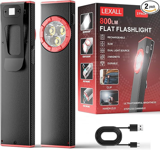 lexall EDC Flashlight, 2 Pack 800Lumen Rechargeable Pocket Flat Flashlight, Magnetic LED Flashlight with Clip, Dimmable Mini Area Light for Car Repairs/Inspection/Travel/Emergency/Camping