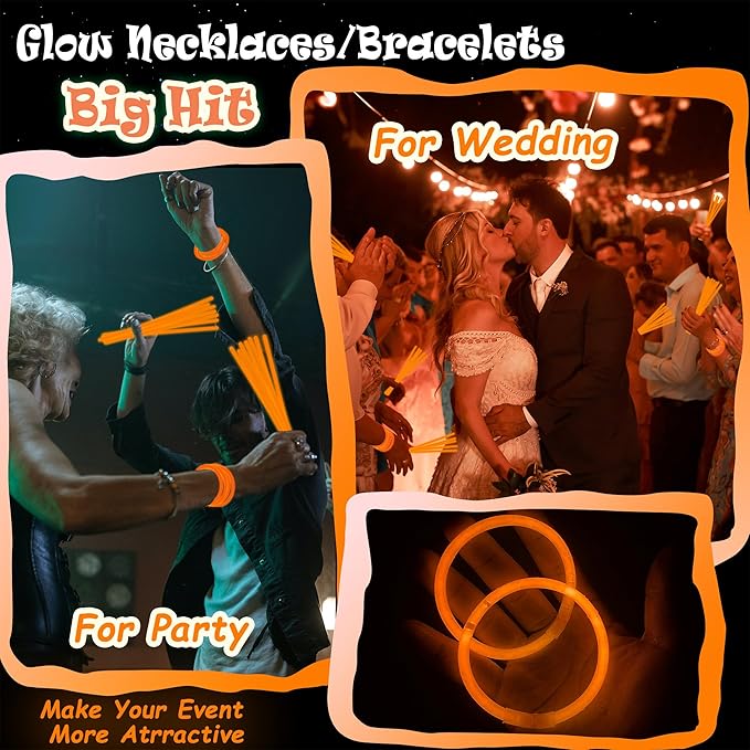 100 pk 8" Orange Glow Sticks Bulk Party Favors, Light up Glow Necklaces & Bracelets in the Dark Party Supplies For Christmas Halloween Birthday Neon Party (100 * Orange)