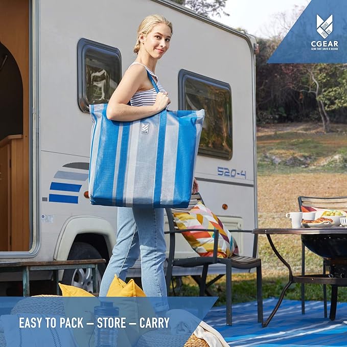 CGEAR RV Comfort Mat – Patented Sand-Free Technology with Ultra Soft Material – Sized to Your RV, Campsite, Beach House – Great Outdoor Patio Rug for RV and Camping (Navy Dynamic Stripe, 8' x 11')