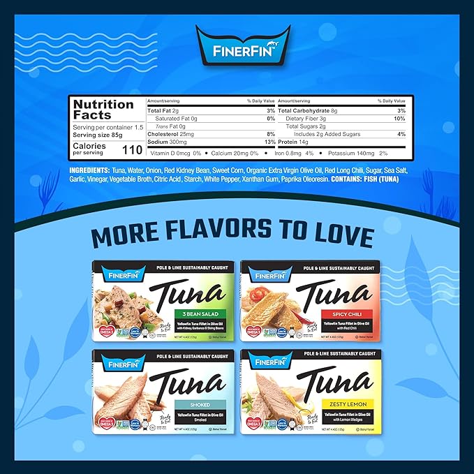 FinerFin Yellowfin Tuna In Organic Olive Oil ??Mexicana Salad Flavor (4.4oz can - 6 Pack); Premium Canned Fish with EVOO, Gourmet Ready-to-Eat Fillets, Wild-Caught