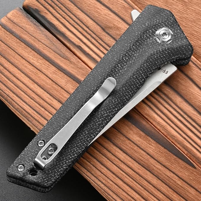 FF4 Folding Knife, AUS-10 Steel Blade Micarta Handle Knife for Outdoor Camping Hunting Fishing Survival(Black)