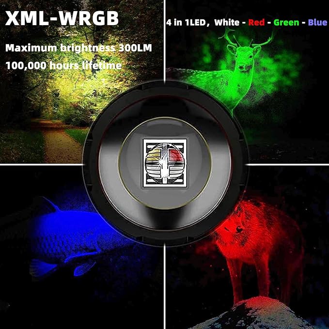 4 in 1 Multicolor Tactical Flashlight, Can Zoom White Blue Green Red Light, RGB Waterproof Handheld Torch with Clip, Suitable for Night Hunting Light, Fishing, Camping Hiking