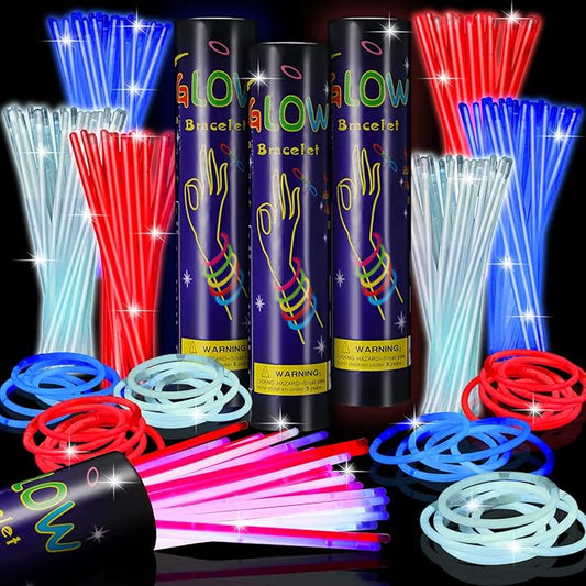 Hanaive 300 Pcs Glow Sticks Bulk 8 Inch Glow in The Dark Party Favors Neon Bracelets and Necklaces Light up Sticks with Connectors for Holiday Birthday Party Supplies(Red, Blue and White)